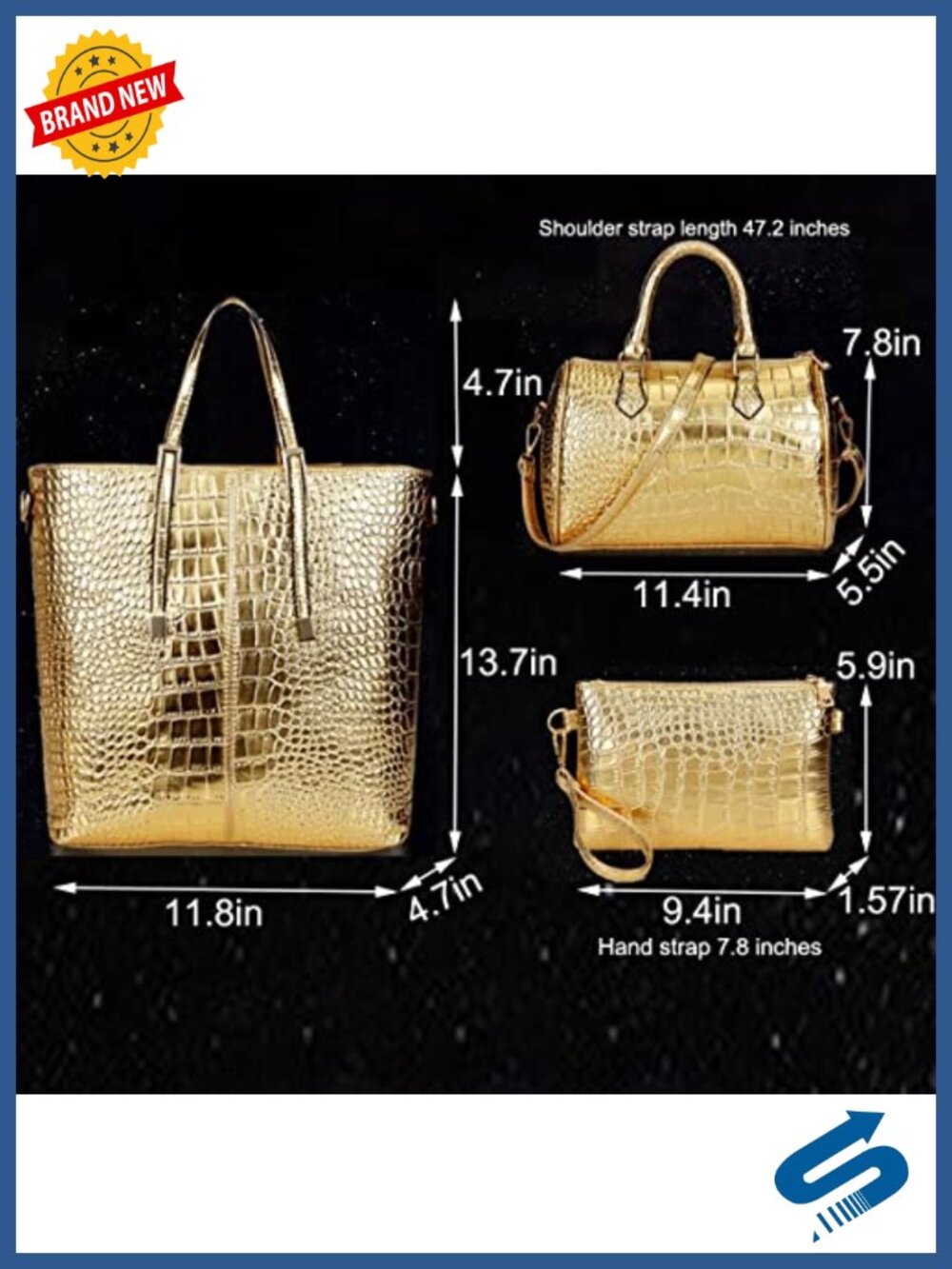 3PC Women Vegan Leather PU Handbag Set Crocodile Pattern Satchel Shoulder Bag - Picture 3 of 6